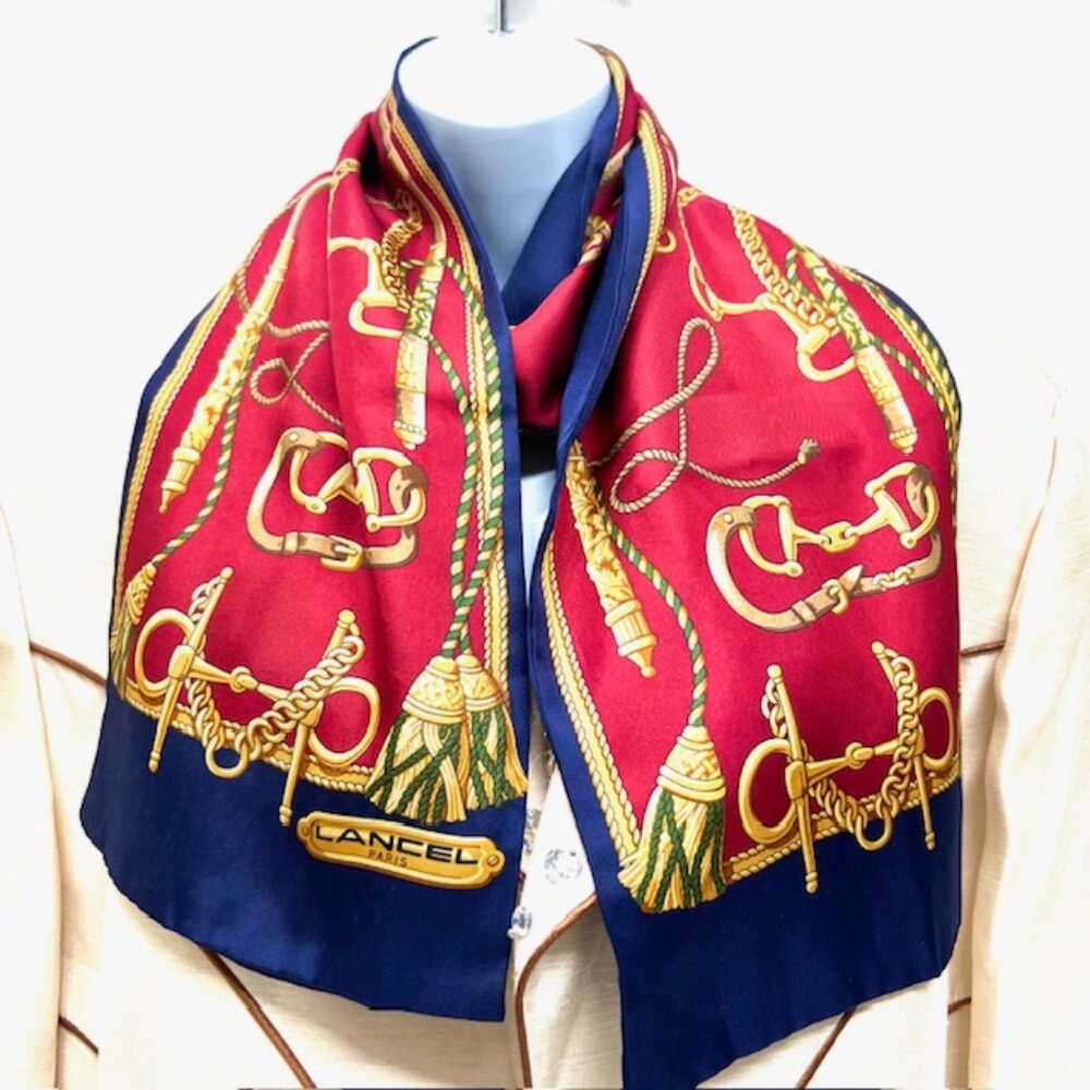 Riversable  Lancel Paris Silk Satin Scarf 54"x8"" red b;ue  gold chain  (78